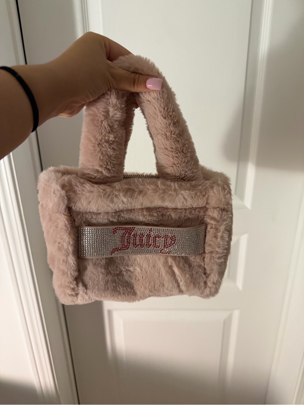 Juicy Couture Blush Pink Faux-Fur Mini Handbag with Crystal Logo Strap